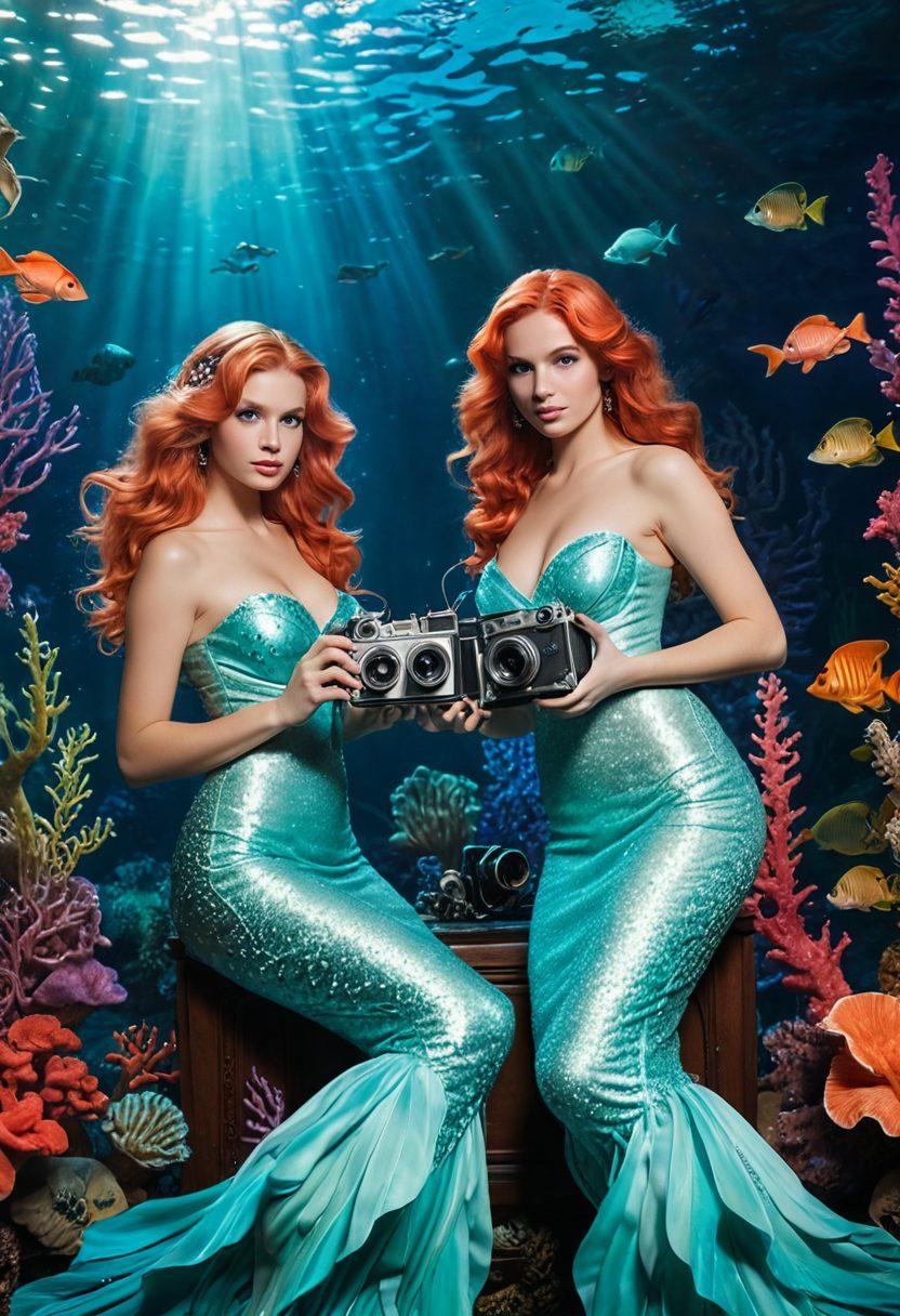 A captivating and sensual underwater scene with playful mermaids resembling alluring video stars, their curves emphasized gracefully. The background features vibrant coral reefs and soft, dreamy lighting. Mermaids are holding old-timey film reels and cameras, symbolizing provocative videos. super-realistic. vibrant colors. ethereal glow.